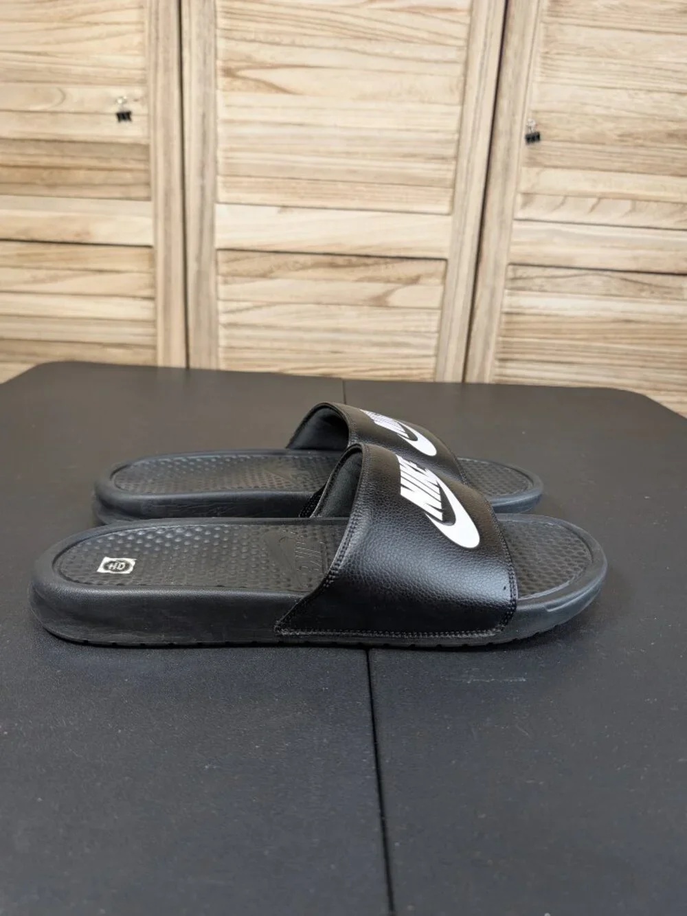 Nike Black Slides with White Swoosh Size 15